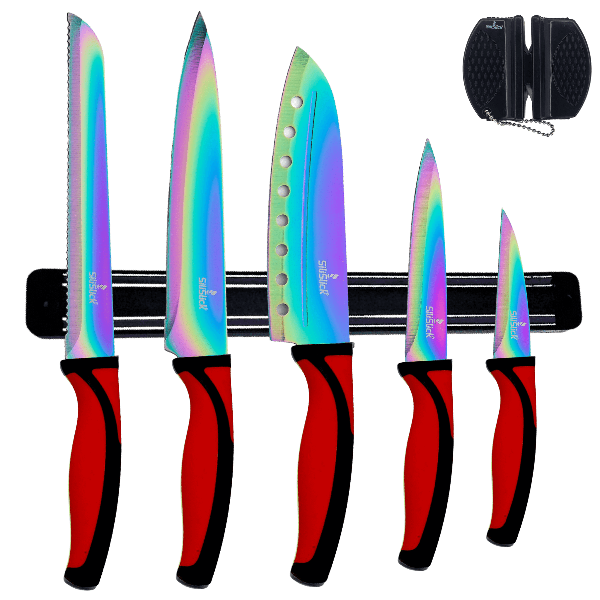 Kitchen Knife Set Kit | Red Handle & Black Magnetic Rack - Coley'sClosetCo