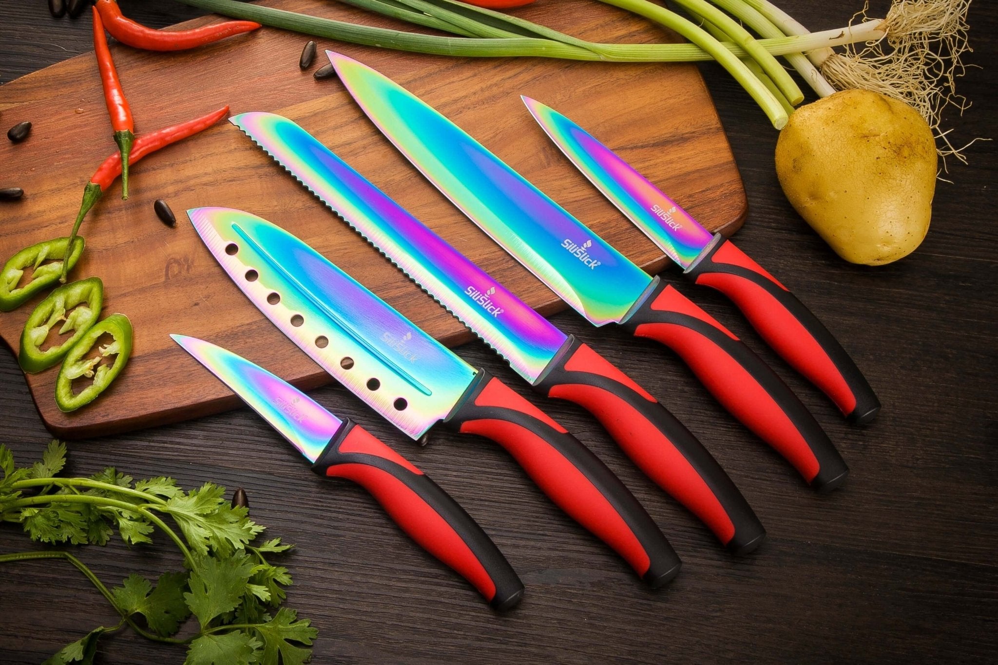 Kitchen Knife Set Kit | Red Handle & Black Magnetic Rack - Coley'sClosetCo