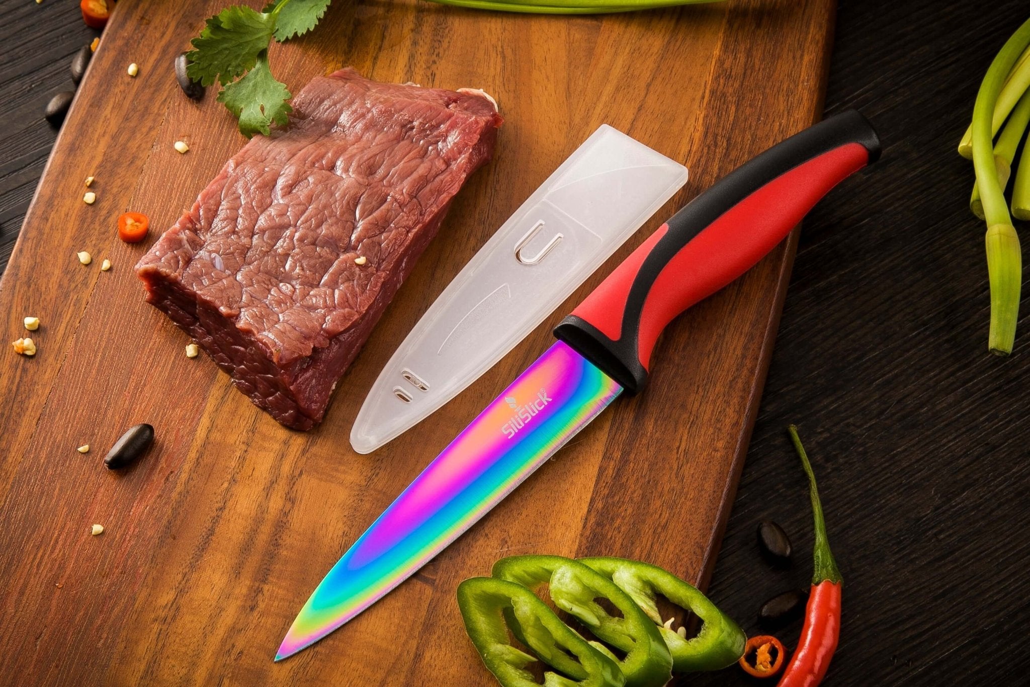 Kitchen Knife Set Kit | Red Handle & Black Magnetic Rack - Coley'sClosetCo