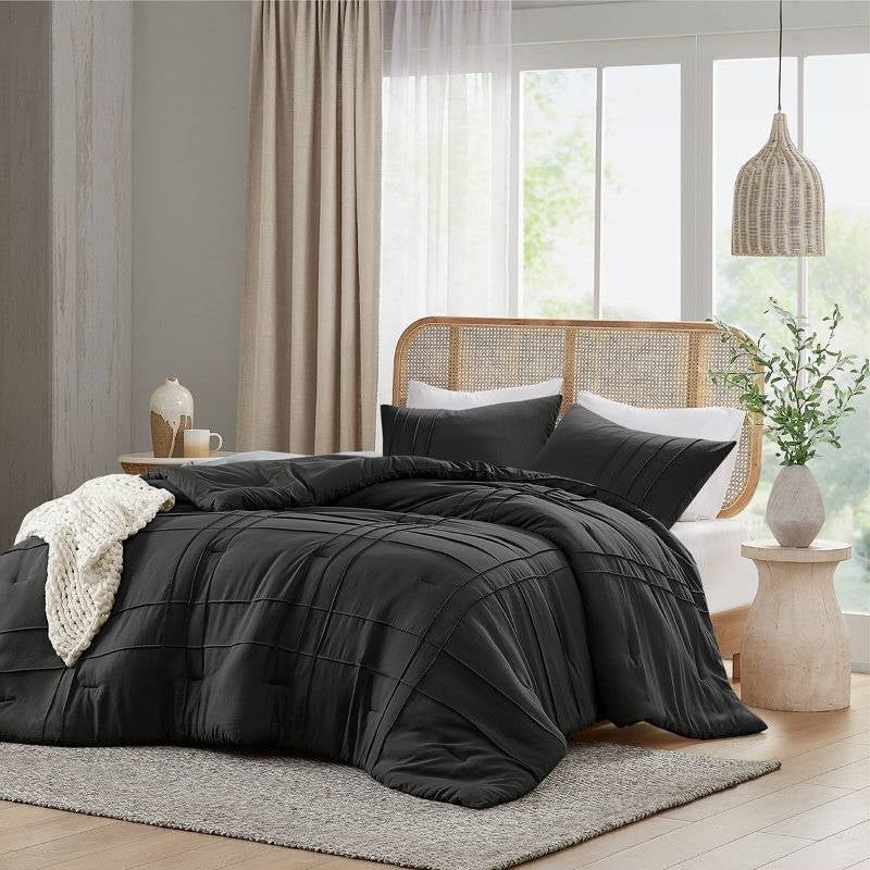 King size Pre - Washed Pleated Microfiber Comforter Set in Black - Coley'sClosetCo