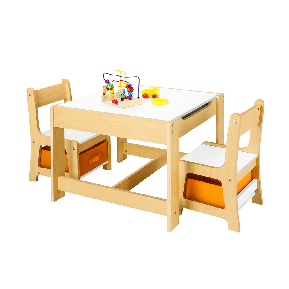 Kids Wood Table and Chair Set with Storage Bins