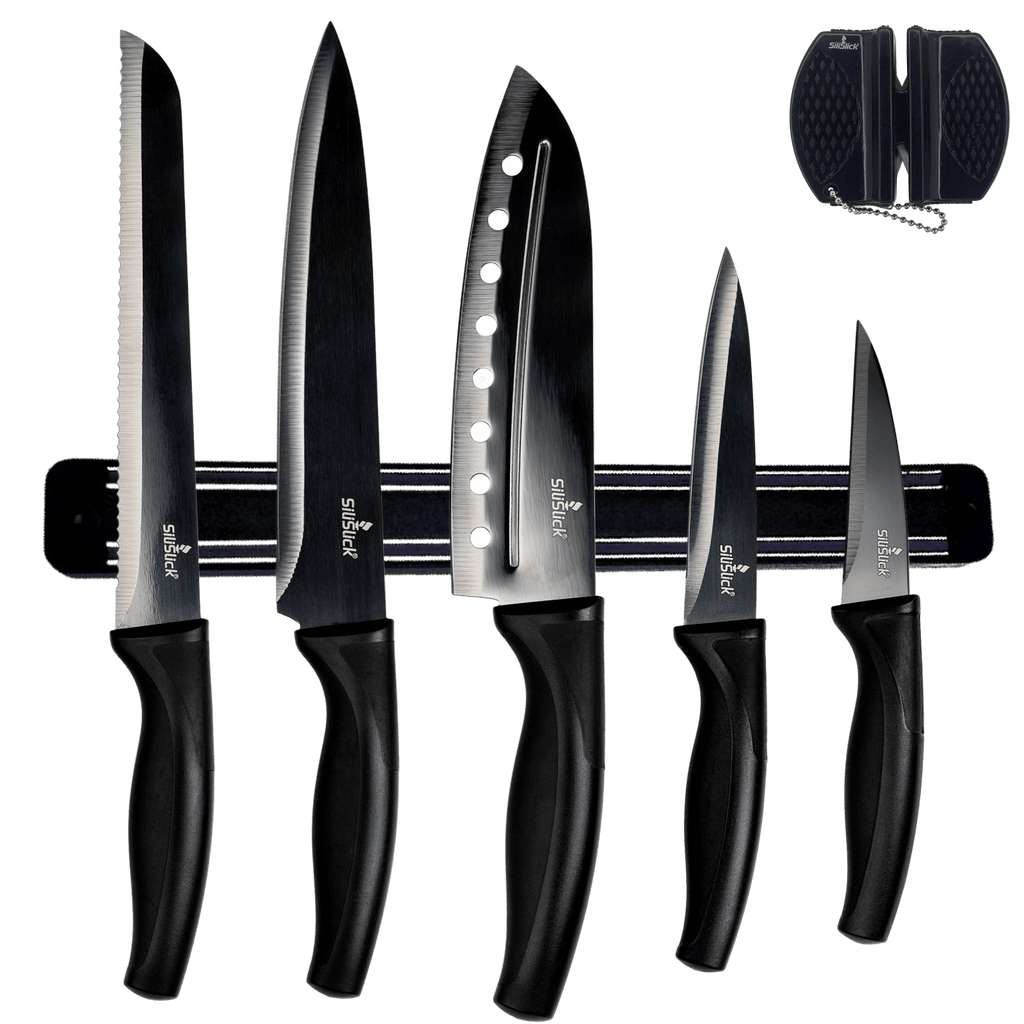 Kitchen Knife Set Kit | Black Magnetic Rack & Sharpener - Coley'sClosetCo