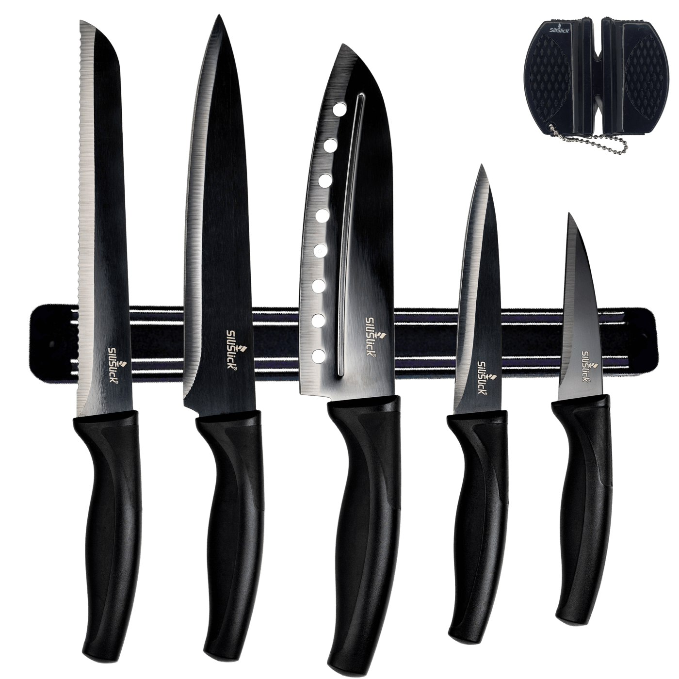 Kitchen Knife Set Kit | Black Magnetic Rack & Sharpener - Coley'sClosetCo
