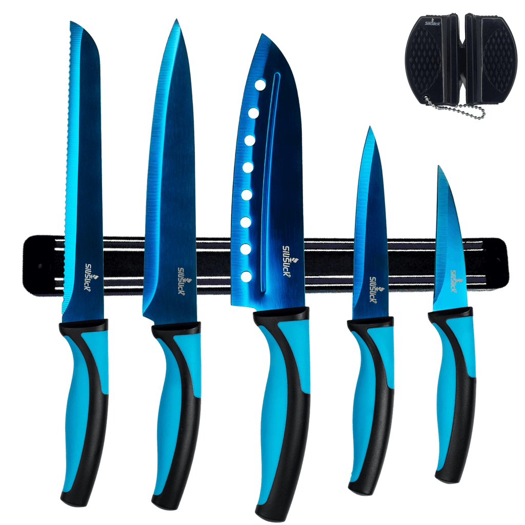 Kitchen Knife Set Kit & Black Magnetic Rack & sharpener - Coley'sClosetCo