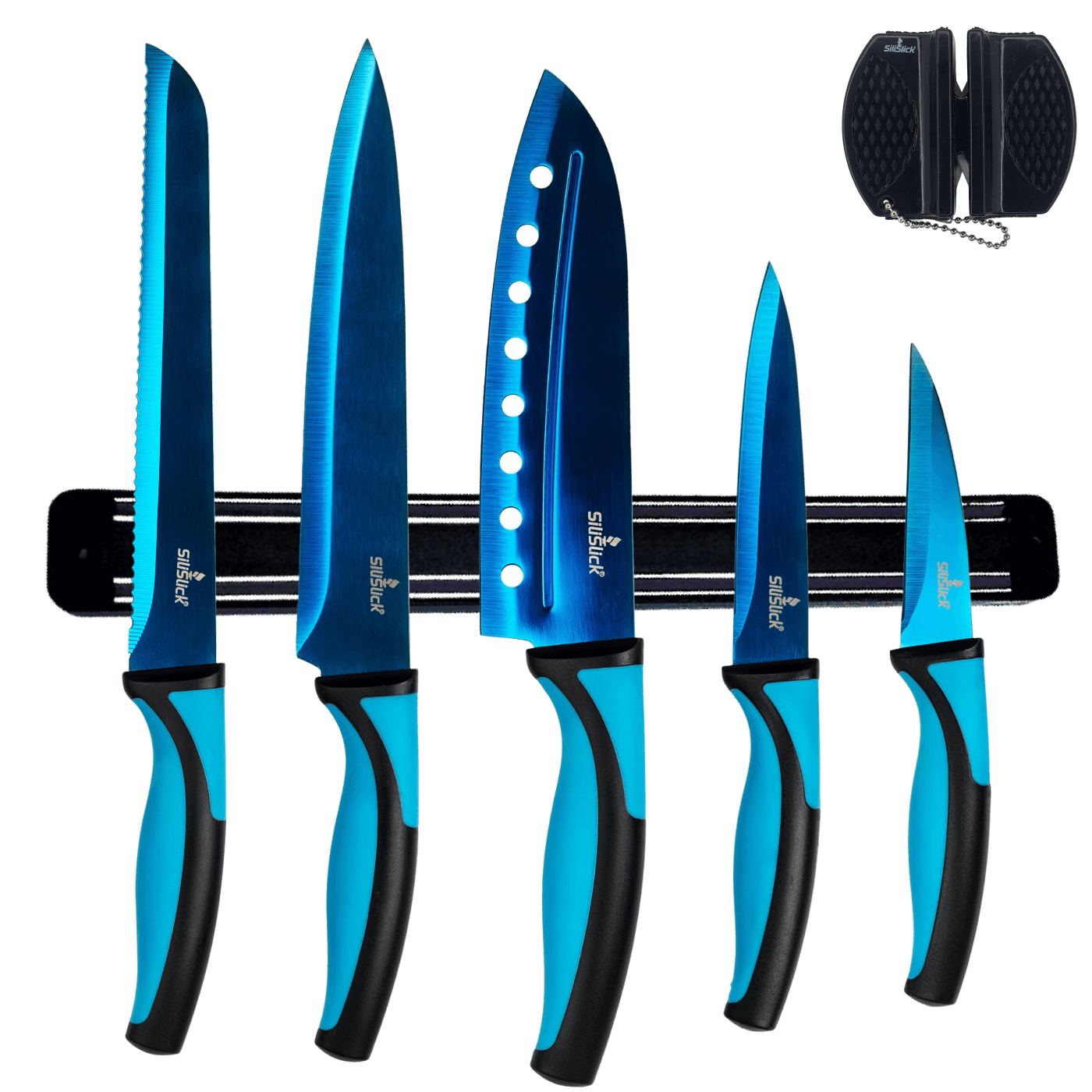 Kitchen Knife Set Kit & Black Magnetic Rack & sharpener - Coley'sClosetCo