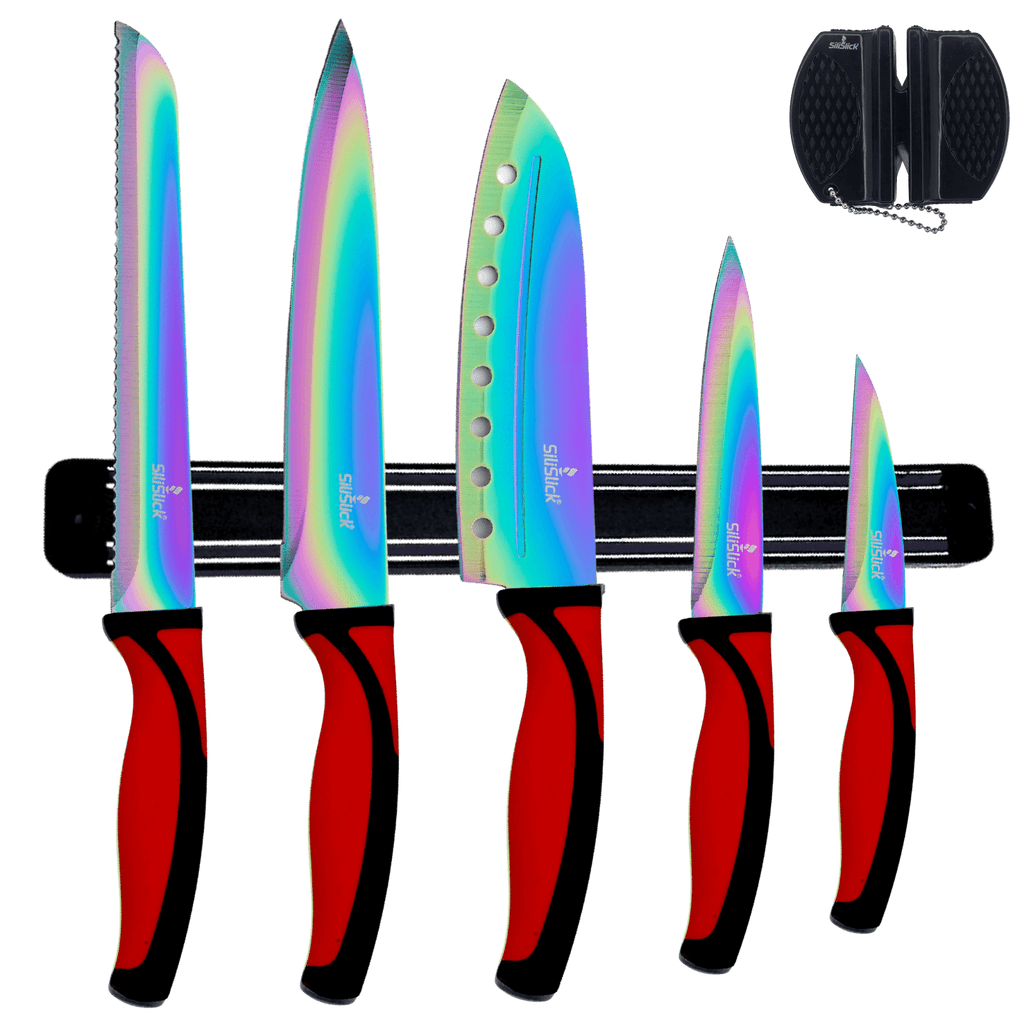 Kitchen Knife Set Kit | Red Handle & Black Magnetic Rack - Coley'sClosetCo
